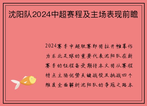 沈阳队2024中超赛程及主场表现前瞻